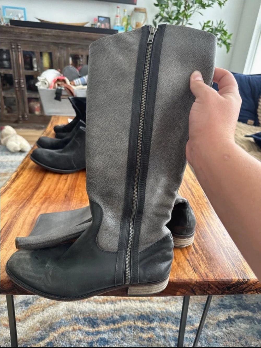 Lucchese Gray and Black Side-Zip Knee Boots